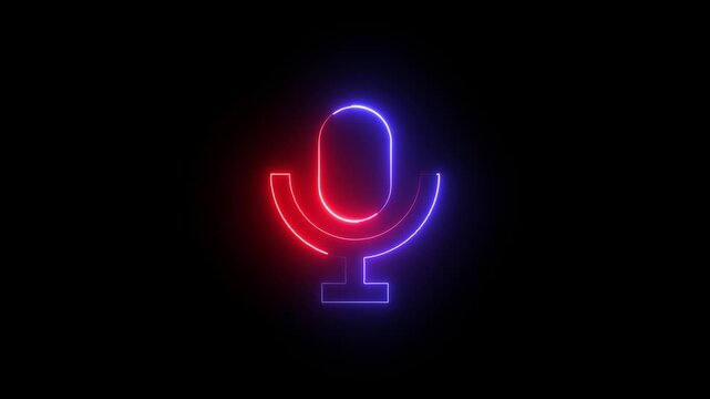 Neon microphone sign icon animation glowing red and blue color audio voice record studio streaming audience music talk show sign symbol on black background