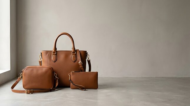 Elegant collection of brown leather handbags in a minimalist studio