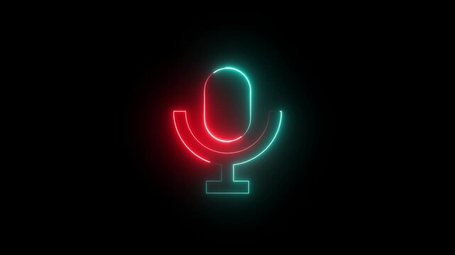 Neon microphone sign icon animation glowing red and cyan color audio voice record studio streaming audience music talk show sign symbol on black background
