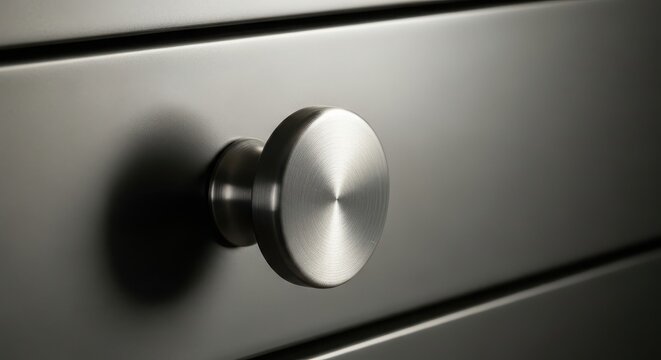 Closeup of a modern brushed metal cabinet knob on a dark gray drawer