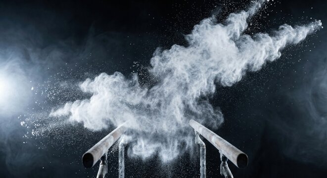Gymnast's chalk dust explosion: parallel bars training, strength, focus, determination, gymnastics