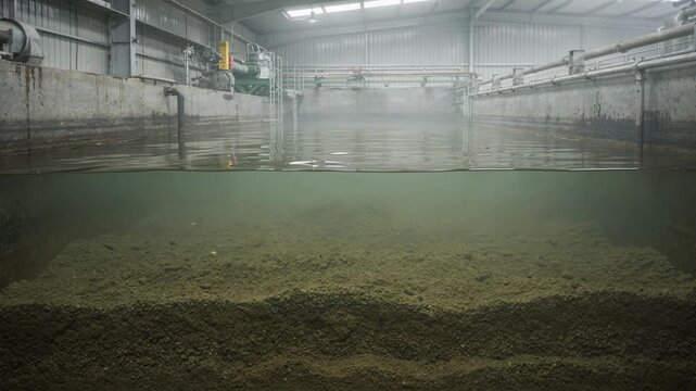 Medium shot capturing the water surface and sediment layers in an open desilication tank clarifier with gentle movement and subtle reflections in an industrial setting