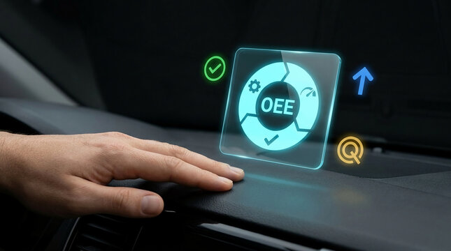 OEE Overall Equipment Effectiveness Hologram on Car Dashboard for Automotive Manufacturing Efficiency Tracking and Industrial IoT Productivity Analytics