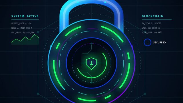 Digital padlock with blockchain and system data on dark background