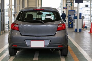 Naklejka premium 検査レーンに停まる回送運行許可標付きの車