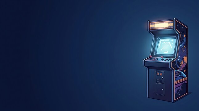 Vintage arcade game cabinet with glowing screen on dark background