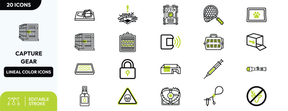 Wildlife Capture Gear Line Icons Set with Equipment.