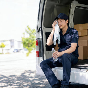 配送車のそばで水分補給する宅配ドライバーの暑さ対策