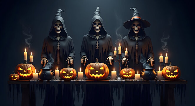 Spooky halloween night with three witches and glowing jack o lanterns in dark background