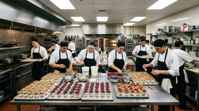 Professional chef yogurt parfait commercial kitchen dessert berry team tray assembly catering staff calmly preparing layered yogurt parfait dessert with berry topping