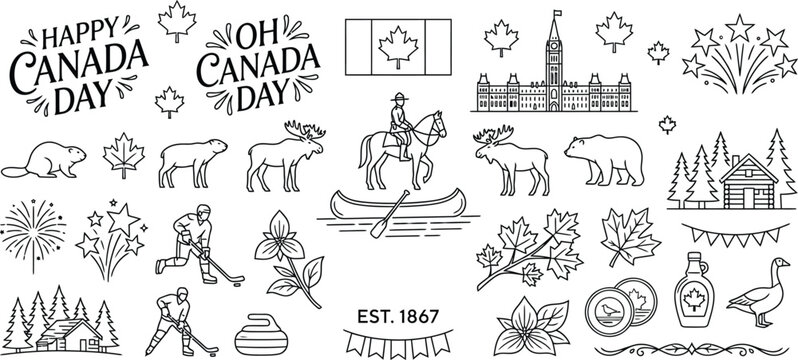 Canada day line art collection with national symbols and festive elements