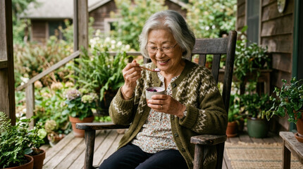 Fototapeta premium Elderly woman yogurt spoon porch garden smiling chair cardigan healthy snack senior adult enjoying creamy dessert outdoors on wooden veranda