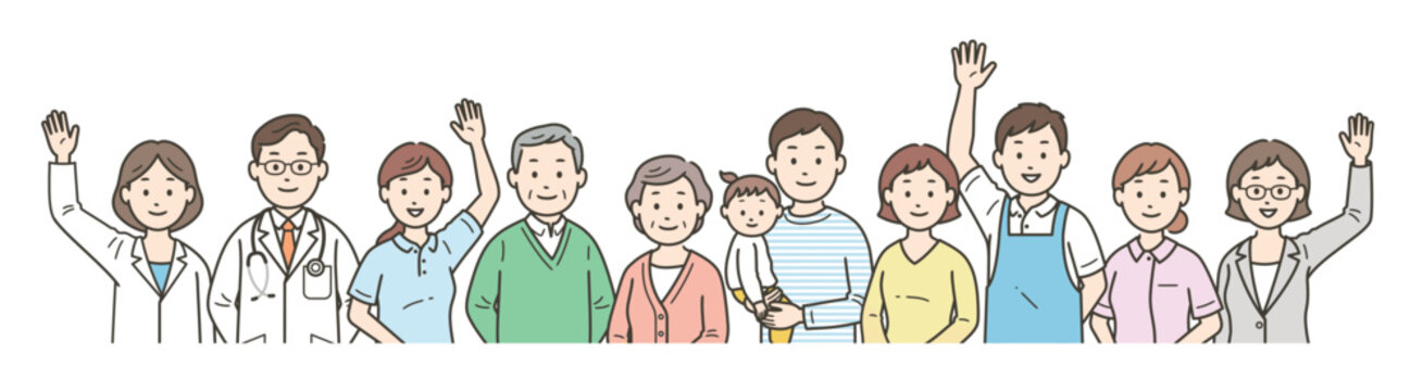 高齢者夫婦と社会福祉を支える医師と看護師と介護士とケアマネージャーと栄養士が集合した上半イラスト
