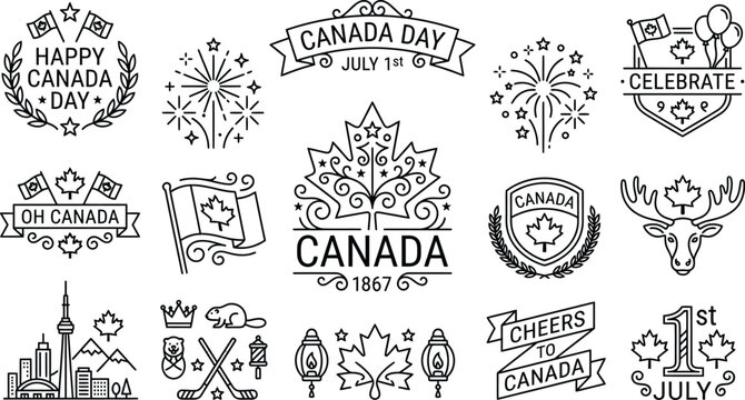 Canada day celebration icons and logos