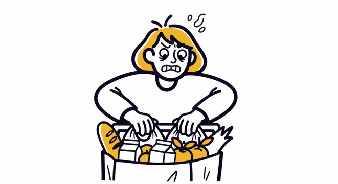 Frustrated woman struggling with tangled wires and cords.