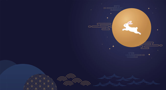 Luxury Mid Autumn Festival Background with Moon Rabbit and Golden Moon