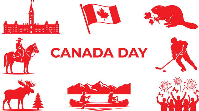 Canada day collection iconic symbols and celebrations in red silhouette