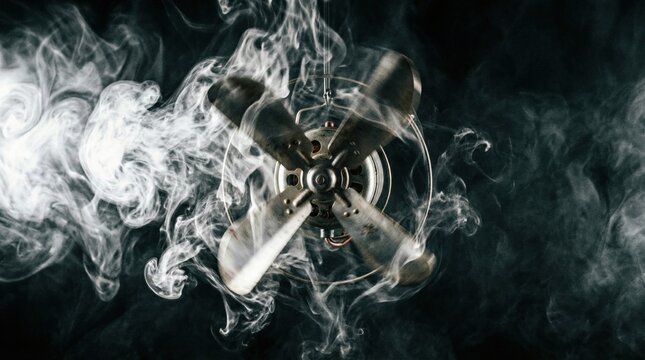 Vintage fan enveloped in mysterious smoke, creating eerie atmosphere in investigator's office setting