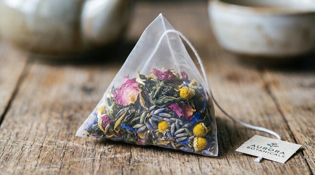 Herbal tea bag with flower petals on rustic wooden surface