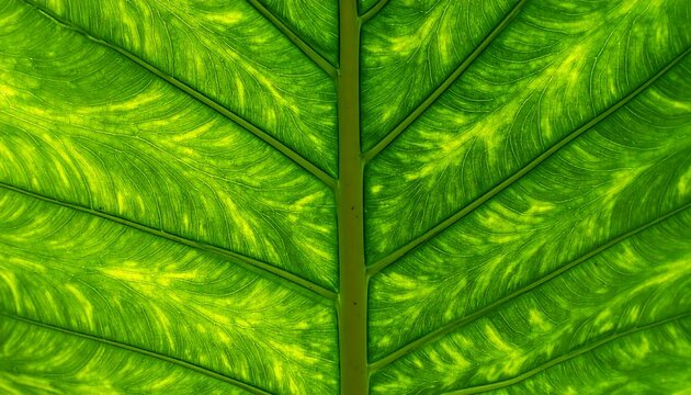 Translucent green leaf, backlit showing textured veins and cell structure detail in nature photography