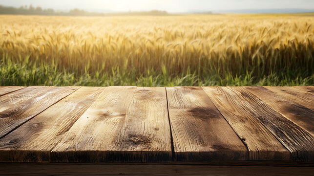 Rustic wooden table overlooking a golden wheat field at sunset product display surface