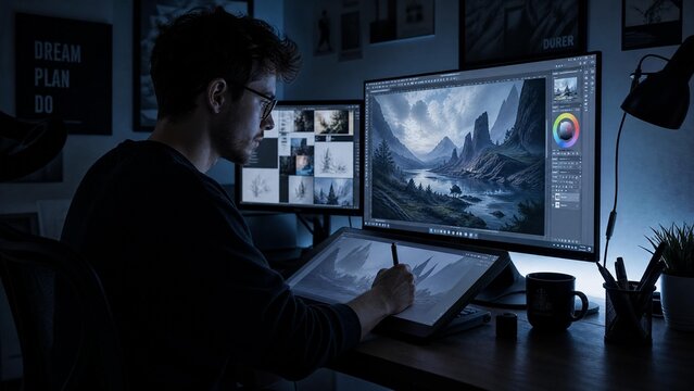 Professional Digital Artist Working on Illustration at Night in Studio