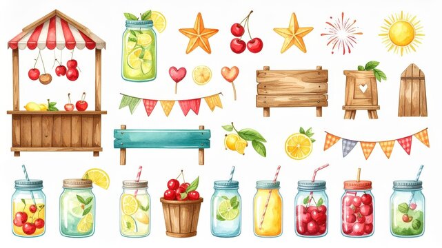 Retro Lemonade Stand Icons, Charming Illustrations of Fresh Lemonade, Citrus Slices, and Rustic Stand Elements, Perfect for Summer Refreshment Menus, Cafes, and Fun Marketing