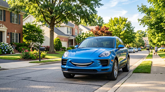 Blue car with happy smiling face parked on sunny residential suburban neighborhood street
