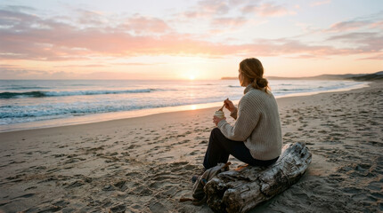 Fototapeta premium Woman beach yogurt sunset ocean eating sand log sweater relaxed woman eating yogurt on sandy beach at sunset beside ocean wave, sitting on driftwood log in warm sweater with calm relaxed mood