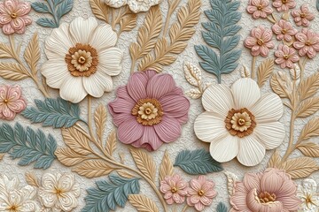 Fototapeta premium Intricate Floral Tapestry Pattern with Embossed Texture in Earth Tones and Soft Pastels