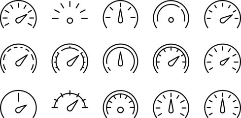 Fototapeta premium Speedometer, icon set, editable stroke gauge and tachometer symbols showing speed measurement and performance monitoring for digital interfaces.