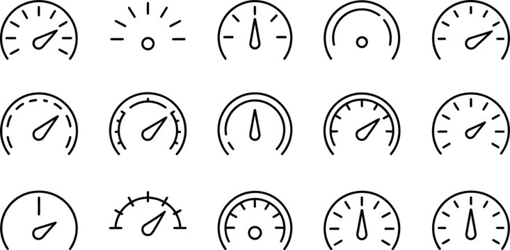 Speedometer, icon set, editable stroke gauge and tachometer symbols showing speed measurement and performance monitoring for digital interfaces.