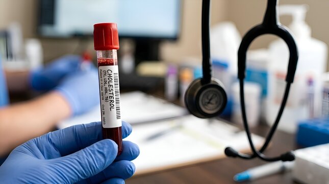 Medical professional holding blood sample vial for cholesterol analysis