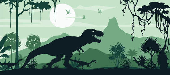 Prehistoric Tyrannosaurus Rex in Ancient Jungle Landscape with Mountains and Tropical Forest © Artoniumw