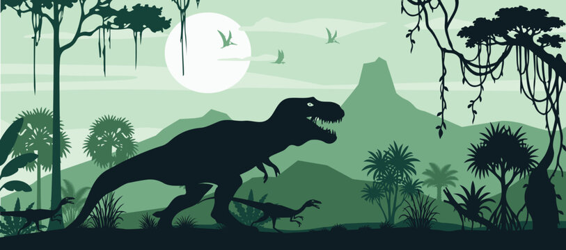 Prehistoric Tyrannosaurus Rex in Ancient Jungle Landscape with Mountains and Tropical Forest