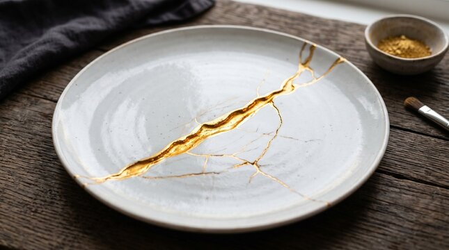 Kintsugi art: repaired ceramic plate with gold inlays on wood