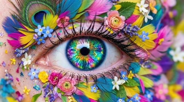 Close-up eye vibrant colorful iris surrounded by kaleidoscope Prepare to have your