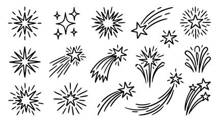 Vibrant assortment of decorative sparkling stars, shooting star trails, and joyful light elements © Tulippp