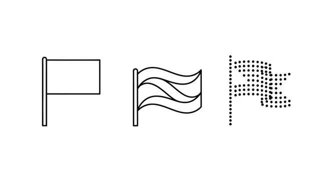 Three different styles of waving flags illustration outline.