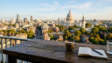 Naklejka premium Close-up wooden table top blurred background cityscape focus The empty