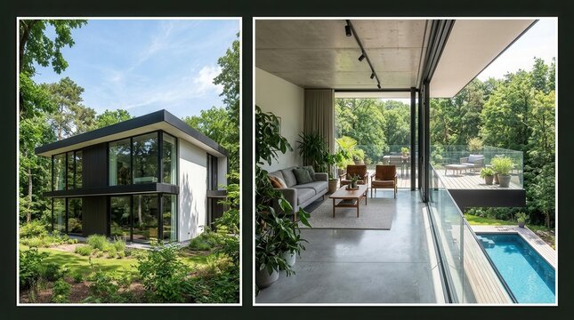 Collage two photographs modern two-story house first photograph Split image shows architectural