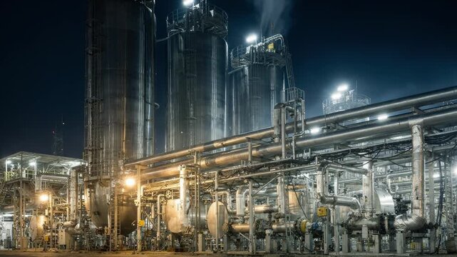 Industrial digestion vessels with insulated pipe racks illuminated under night lighting emphasizing the complexity of chemical processing infrastructure