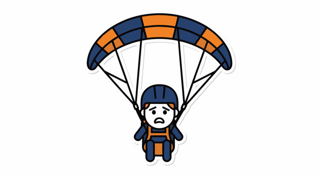 Cartoon character paragliding with colorful parachute outdoors.