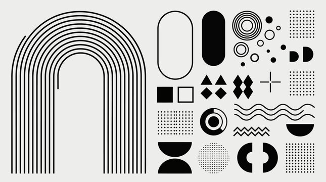 Abstract geometric arch design with concentric curves and assorted shapes for a modern black-and-white background and graphic art