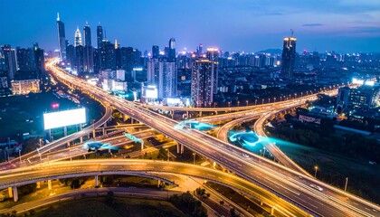 Fototapeta premium Futuristic City Skyline at Night with Elevated Highway Interchanges and Flying Vehicles