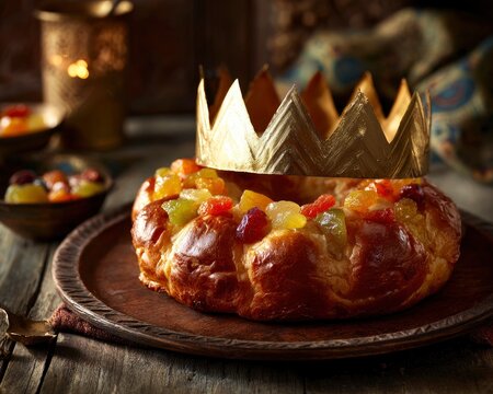 Rosca de reyes king cake with golden crown on rustic wooden plate in moody candlelit setting for epiphany holiday marketing