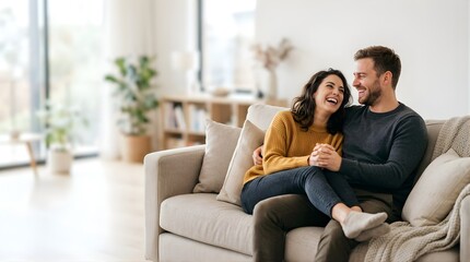 Obraz premium Happy couple laughing and relaxing together on a cozy couch at home
