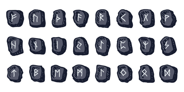 Set of hand drawn viking runes Rune stones with ancient norse alphabet characters engraved on them Scandinavian futhark germanic celtic Single element for design, print, web, decor