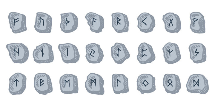 Set of hand drawn viking runes Rune stones with ancient norse alphabet characters engraved on them Scandinavian futhark germanic celtic Single element for design, print, web, decor