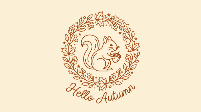 Autumn themed circular emblem featuring a squirrel holding an acorn, surrounded by a decorative floral border and the text 'Hello Autumn' on a beige background.